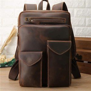 Men PU Leather Large Capacity Multi-pocket Vintage 14 Inch Laptop Backpack